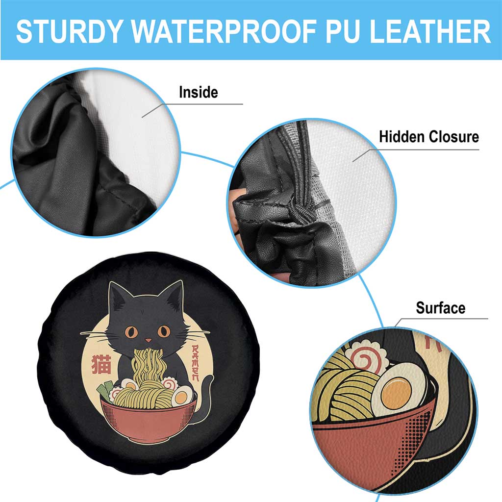 Kawaii Black Cat Eating Ramen Spare Tire Cover Funny Graphic Japanese Kawaii Anime Inspo - Wonder Print Shop