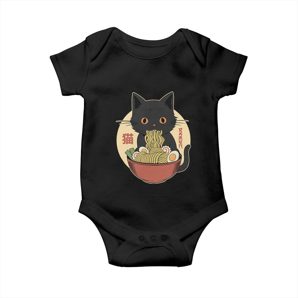 Kawaii Black Cat Eating Ramen Baby Onesie Funny Graphic Japanese Kawaii Anime Inspo - Wonder Print Shop