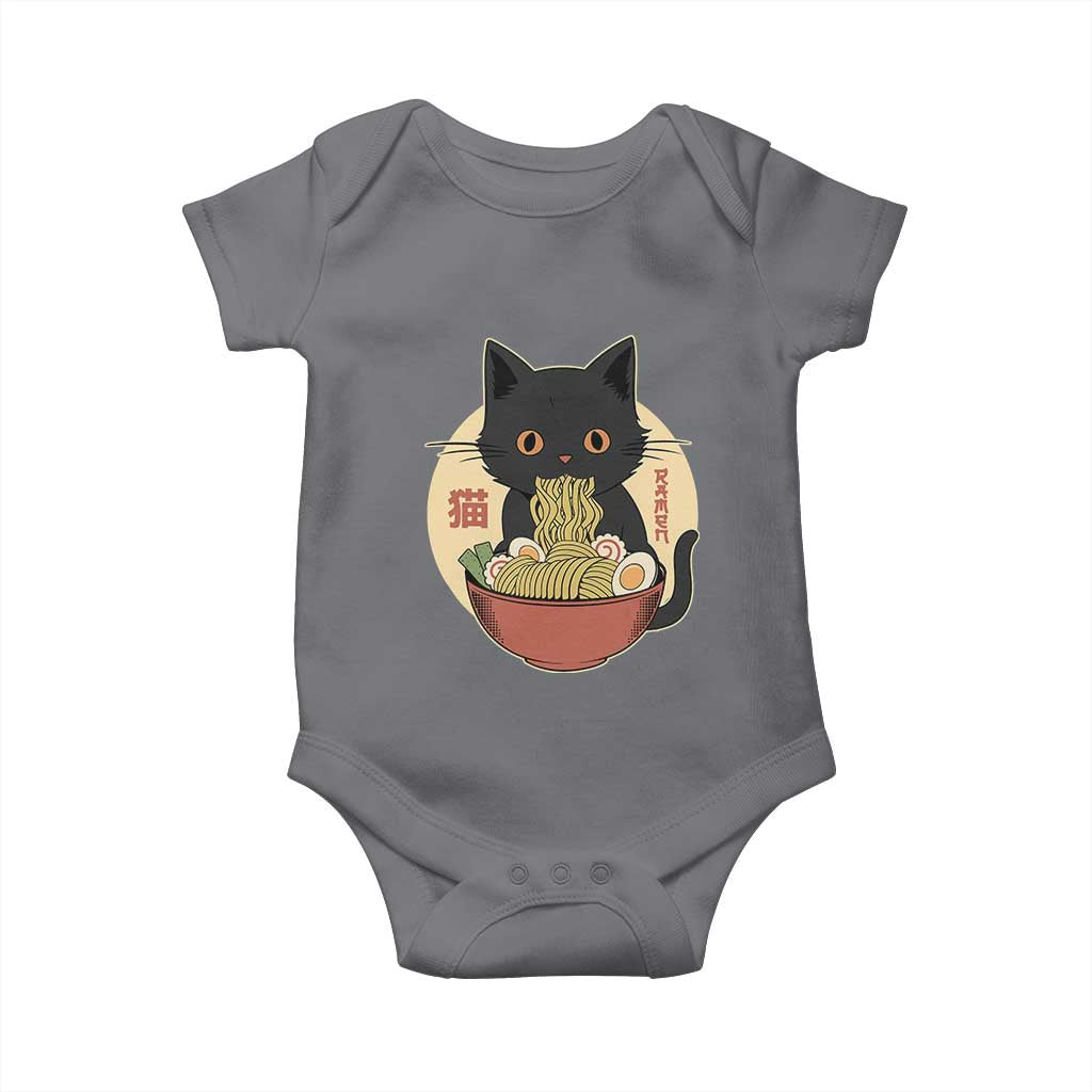 Kawaii Black Cat Eating Ramen Baby Onesie Funny Graphic Japanese Kawaii Anime Inspo - Wonder Print Shop