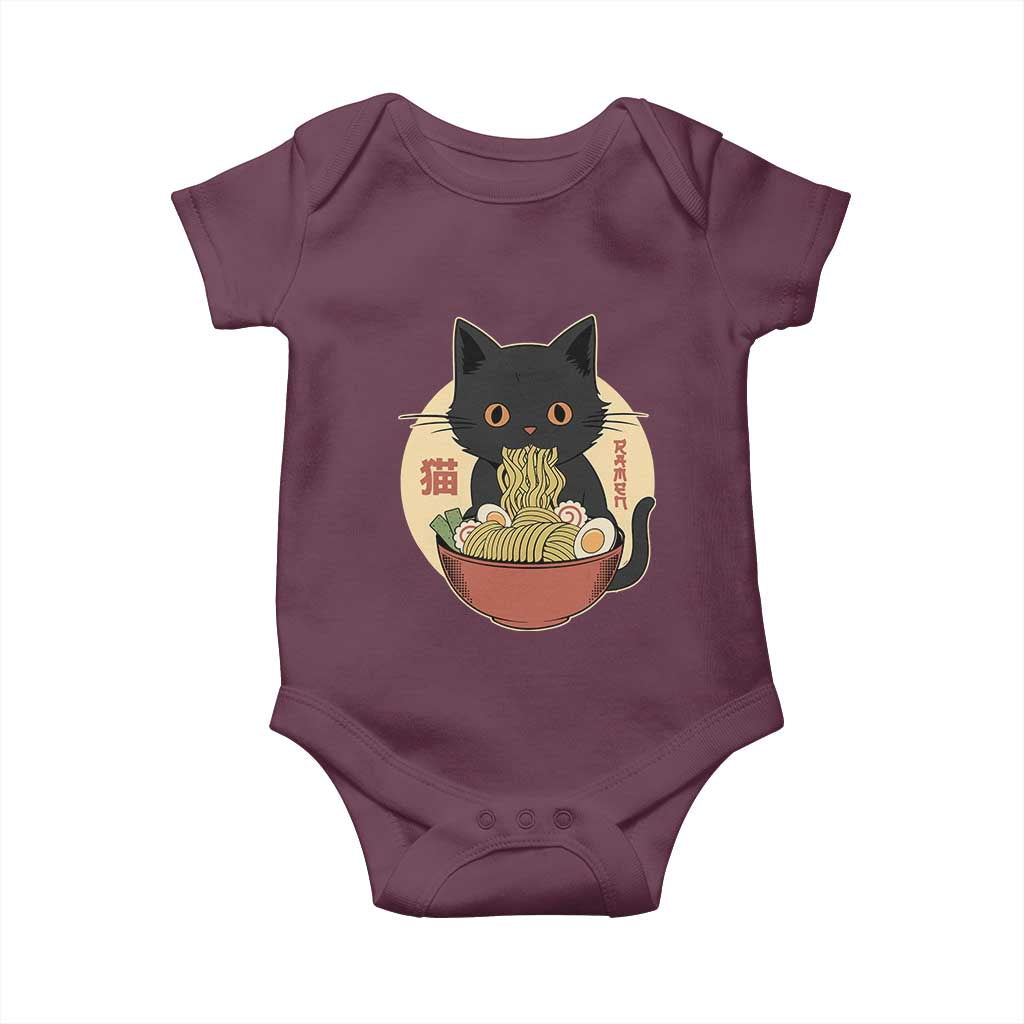 Kawaii Black Cat Eating Ramen Baby Onesie Funny Graphic Japanese Kawaii Anime Inspo - Wonder Print Shop