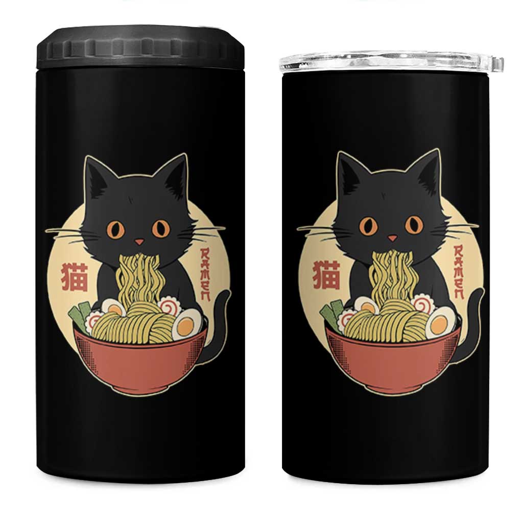 Kawaii Black Cat Eating Ramen 4 in 1 Can Cooler Tumbler Funny Graphic Japanese Kawaii Anime Inspo - Wonder Print Shop