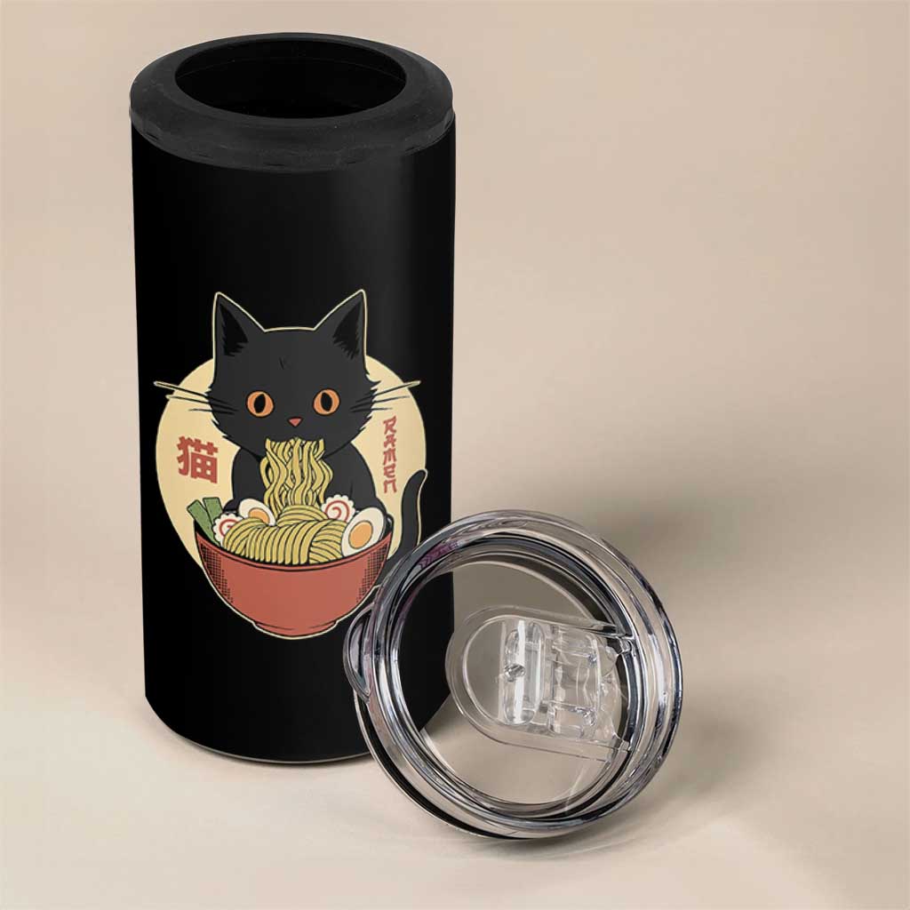 Kawaii Black Cat Eating Ramen 4 in 1 Can Cooler Tumbler Funny Graphic Japanese Kawaii Anime Inspo - Wonder Print Shop