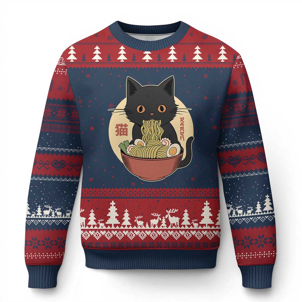 Kawaii Black Cat Eating Ramen Ugly Christmas Sweater Funny Graphic Japanese Kawaii Anime Inspo - Wonder Print Shop