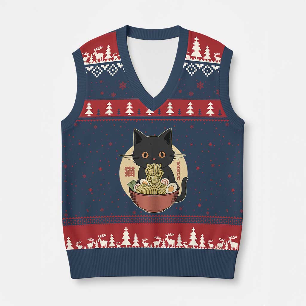 Kawaii Black Cat Eating Ramen V-Neck Knit Sweater Vest Funny Graphic Japanese Kawaii Anime Inspo - Wonder Print Shop