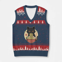 Kawaii Black Cat Eating Ramen V-Neck Knit Sweater Vest Funny Graphic Japanese Kawaii Anime Inspo - Wonder Print Shop