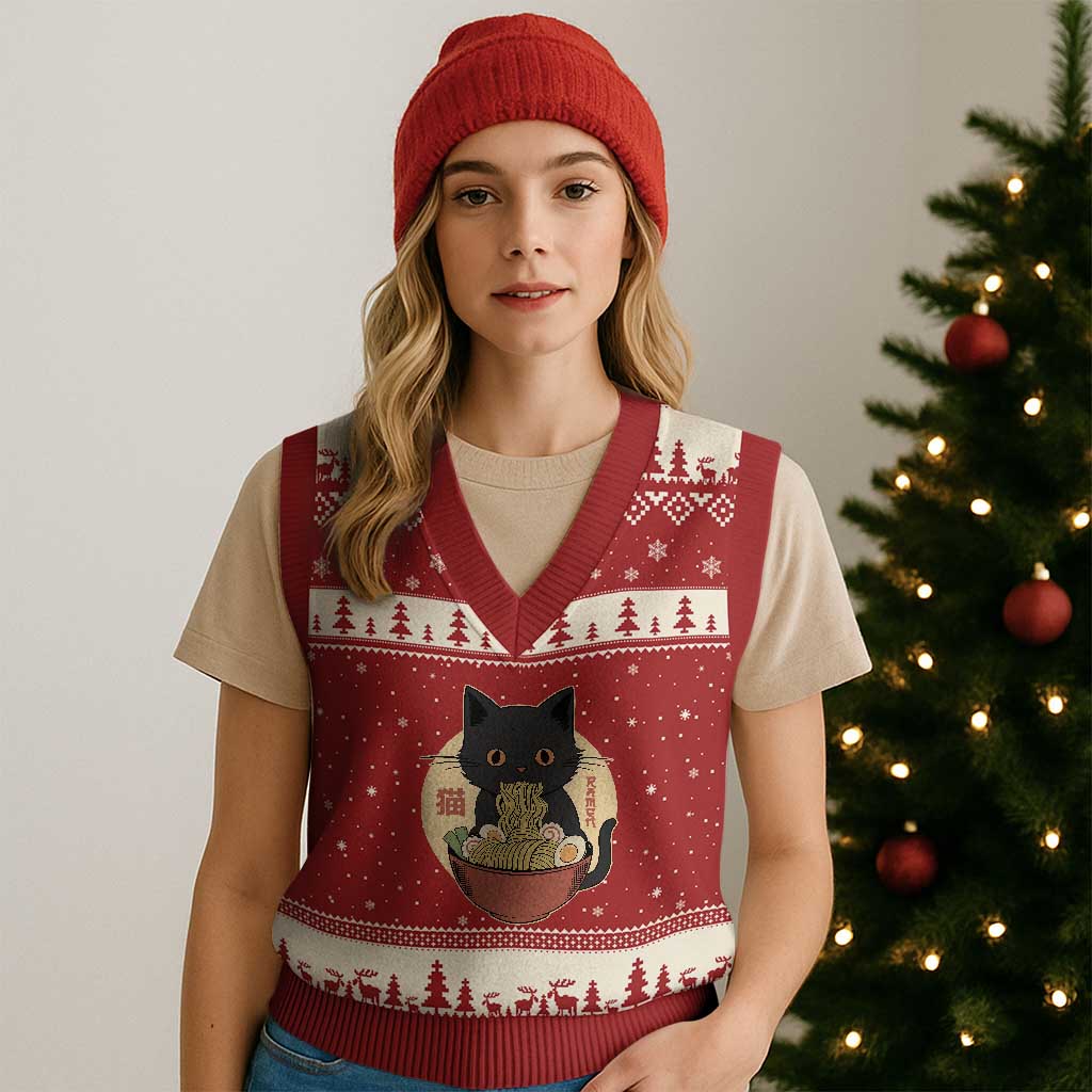 Kawaii Black Cat Eating Ramen V-Neck Knit Sweater Vest Funny Graphic Japanese Kawaii Anime Inspo - Wonder Print Shop