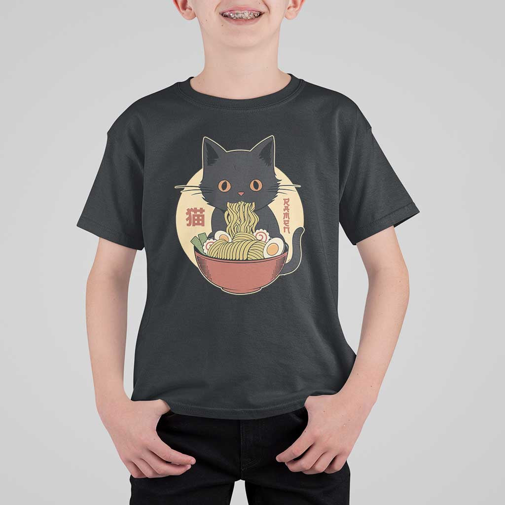 Kawaii Black Cat Eating Ramen T Shirt For Kid Funny Graphic Japanese Kawaii Anime Inspo - Wonder Print Shop