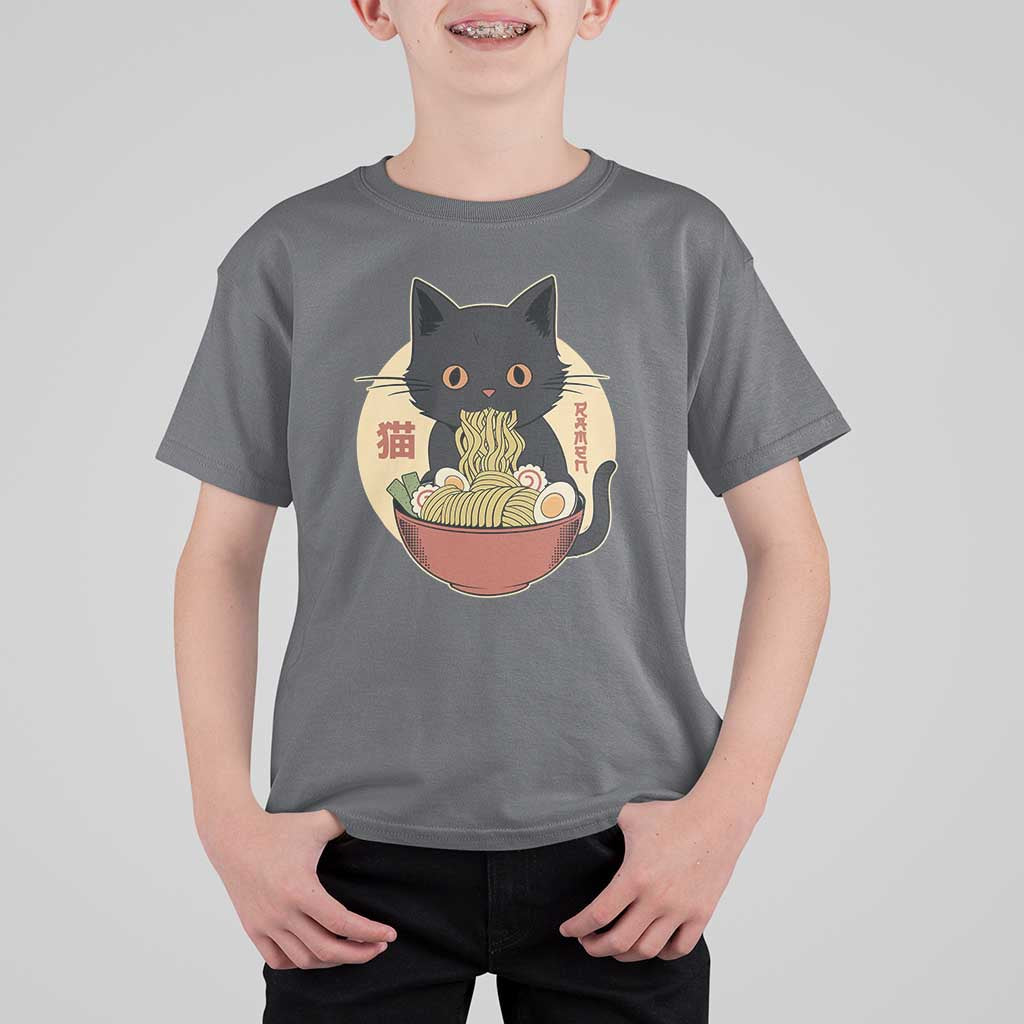 Kawaii Black Cat Eating Ramen T Shirt For Kid Funny Graphic Japanese Kawaii Anime Inspo - Wonder Print Shop
