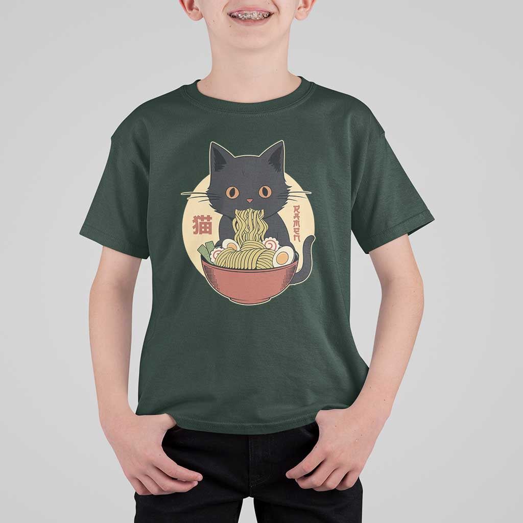 Kawaii Black Cat Eating Ramen T Shirt For Kid Funny Graphic Japanese Kawaii Anime Inspo - Wonder Print Shop