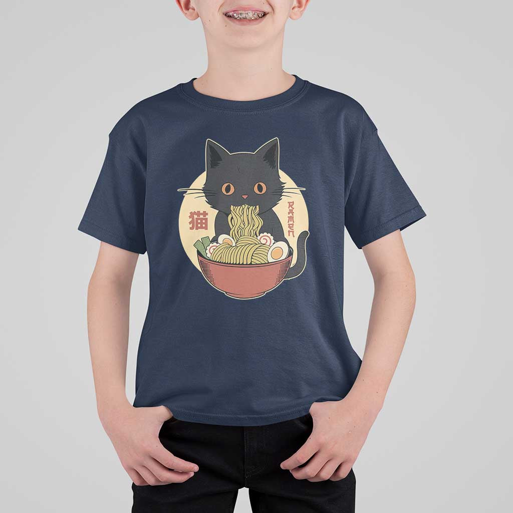 Kawaii Black Cat Eating Ramen T Shirt For Kid Funny Graphic Japanese Kawaii Anime Inspo - Wonder Print Shop