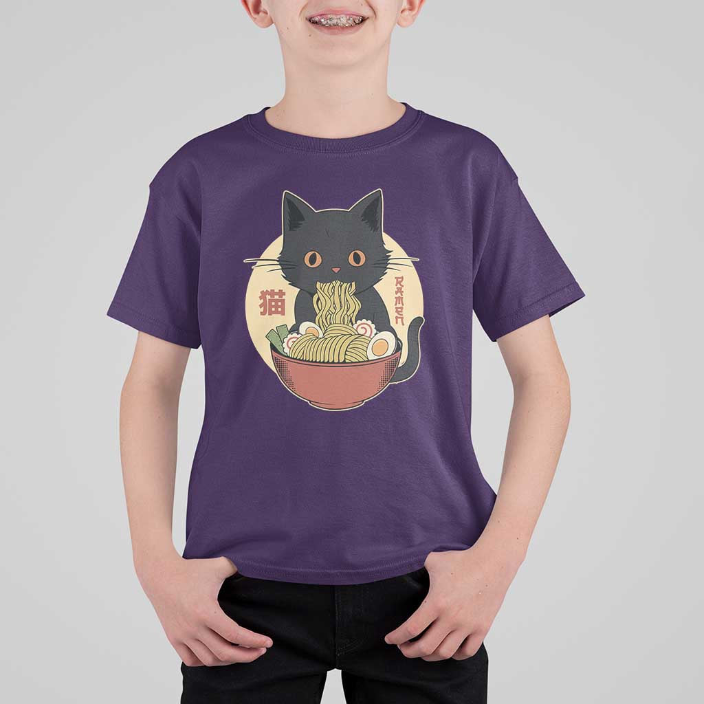 Kawaii Black Cat Eating Ramen T Shirt For Kid Funny Graphic Japanese Kawaii Anime Inspo - Wonder Print Shop