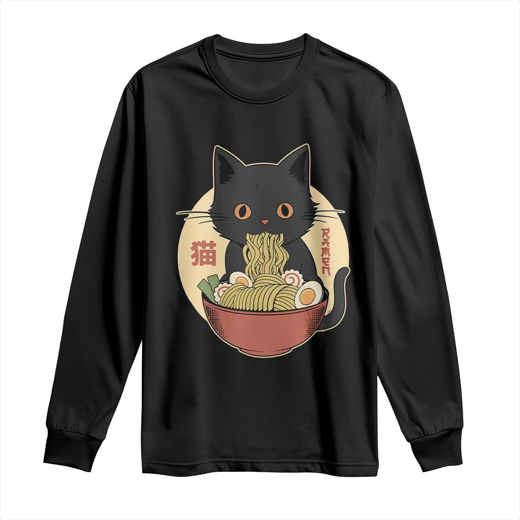 Kawaii Black Cat Eating Ramen Long Sleeve Shirt Funny Graphic Japanese Kawaii Anime Inspo - Wonder Print Shop