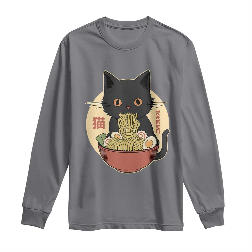 Kawaii Black Cat Eating Ramen Long Sleeve Shirt Funny Graphic Japanese Kawaii Anime Inspo - Wonder Print Shop