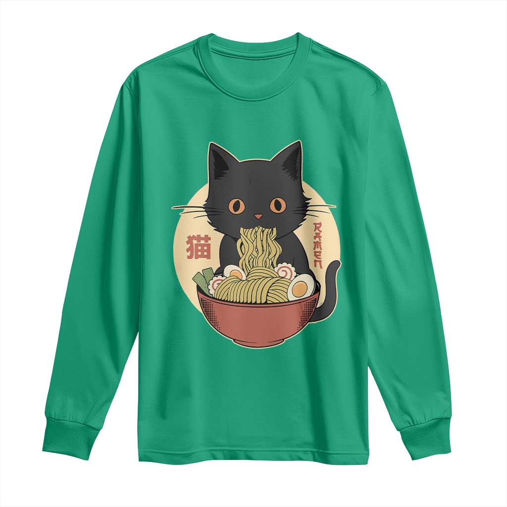 Kawaii Black Cat Eating Ramen Long Sleeve Shirt Funny Graphic Japanese Kawaii Anime Inspo - Wonder Print Shop
