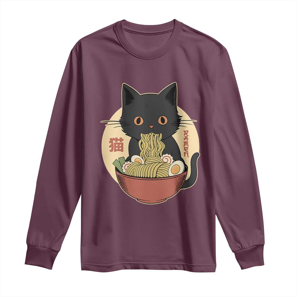 Kawaii Black Cat Eating Ramen Long Sleeve Shirt Funny Graphic Japanese Kawaii Anime Inspo - Wonder Print Shop