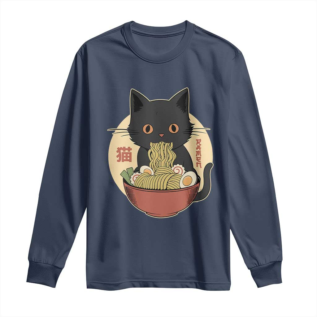 Kawaii Black Cat Eating Ramen Long Sleeve Shirt Funny Graphic Japanese Kawaii Anime Inspo - Wonder Print Shop