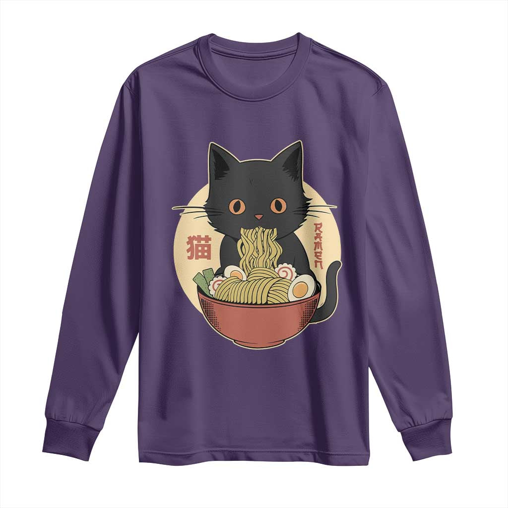Kawaii Black Cat Eating Ramen Long Sleeve Shirt Funny Graphic Japanese Kawaii Anime Inspo - Wonder Print Shop
