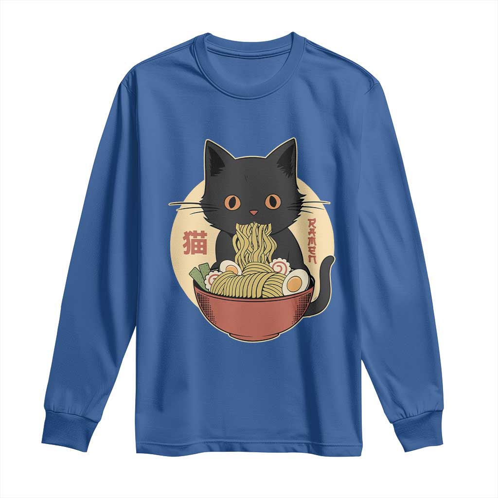 Kawaii Black Cat Eating Ramen Long Sleeve Shirt Funny Graphic Japanese Kawaii Anime Inspo - Wonder Print Shop