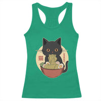 Kawaii Black Cat Eating Ramen Racerback Tank Top Funny Graphic Japanese Kawaii Anime Inspo - Wonder Print Shop