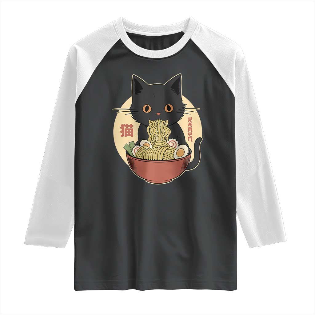 Kawaii Black Cat Eating Ramen Raglan Shirt Funny Graphic Japanese Kawaii Anime Inspo - Wonder Print Shop