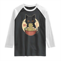 Kawaii Black Cat Eating Ramen Raglan Shirt Funny Graphic Japanese Kawaii Anime Inspo - Wonder Print Shop
