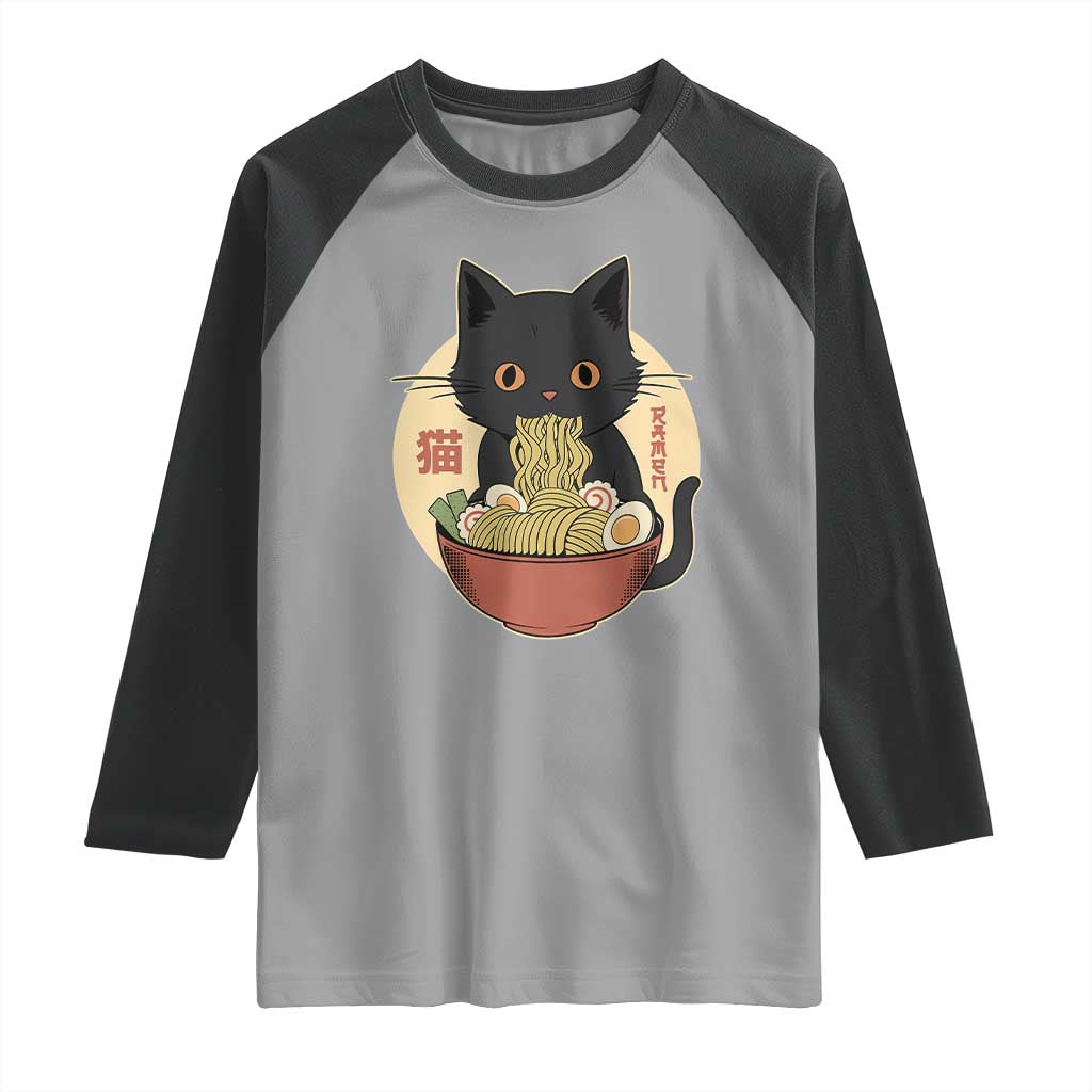 Kawaii Black Cat Eating Ramen Raglan Shirt Funny Graphic Japanese Kawaii Anime Inspo - Wonder Print Shop