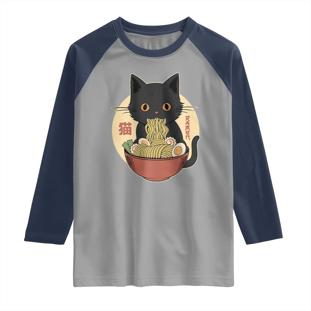 Kawaii Black Cat Eating Ramen Raglan Shirt Funny Graphic Japanese Kawaii Anime Inspo - Wonder Print Shop