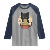Kawaii Black Cat Eating Ramen Raglan Shirt Funny Graphic Japanese Kawaii Anime Inspo - Wonder Print Shop