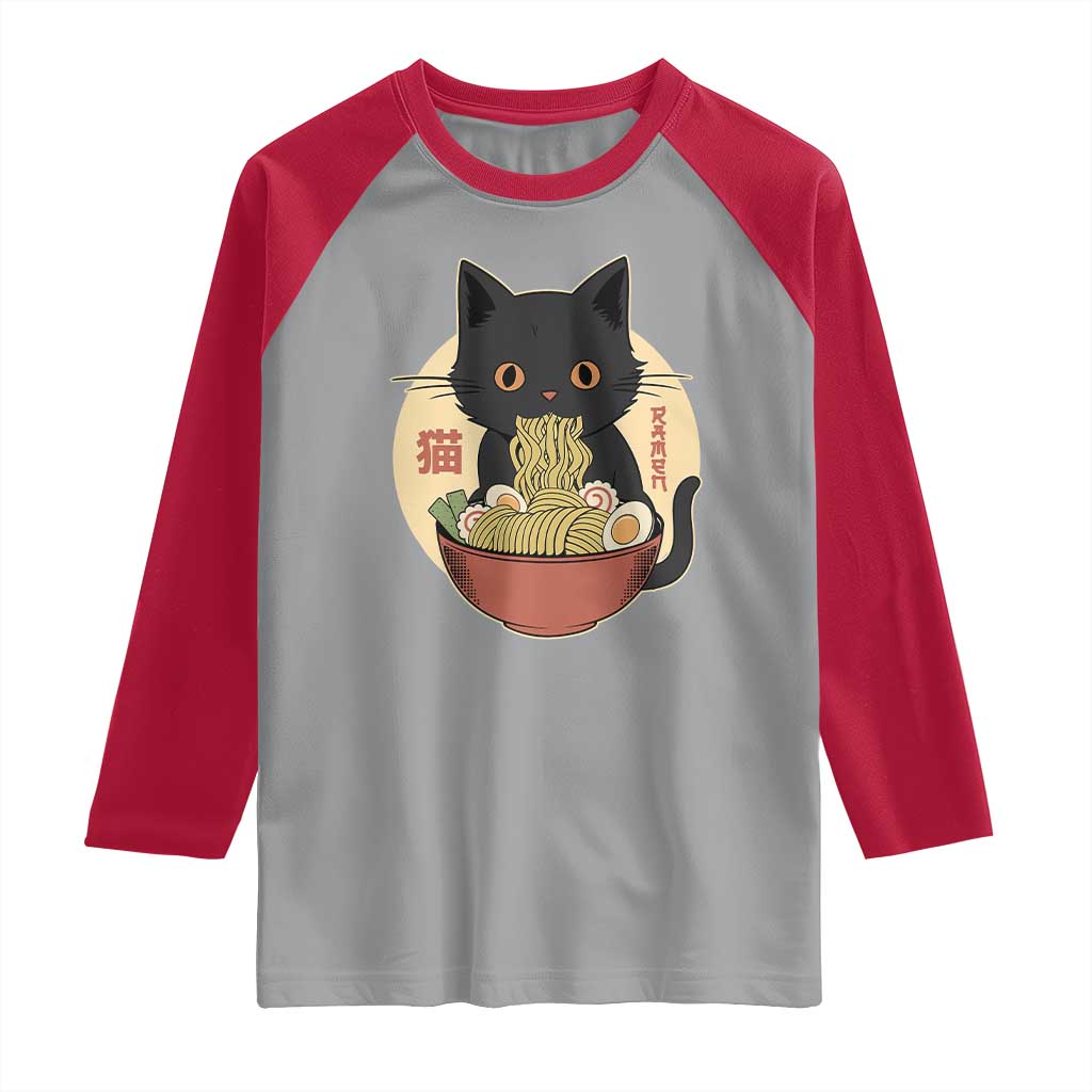 Kawaii Black Cat Eating Ramen Raglan Shirt Funny Graphic Japanese Kawaii Anime Inspo - Wonder Print Shop