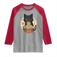 Kawaii Black Cat Eating Ramen Raglan Shirt Funny Graphic Japanese Kawaii Anime Inspo - Wonder Print Shop
