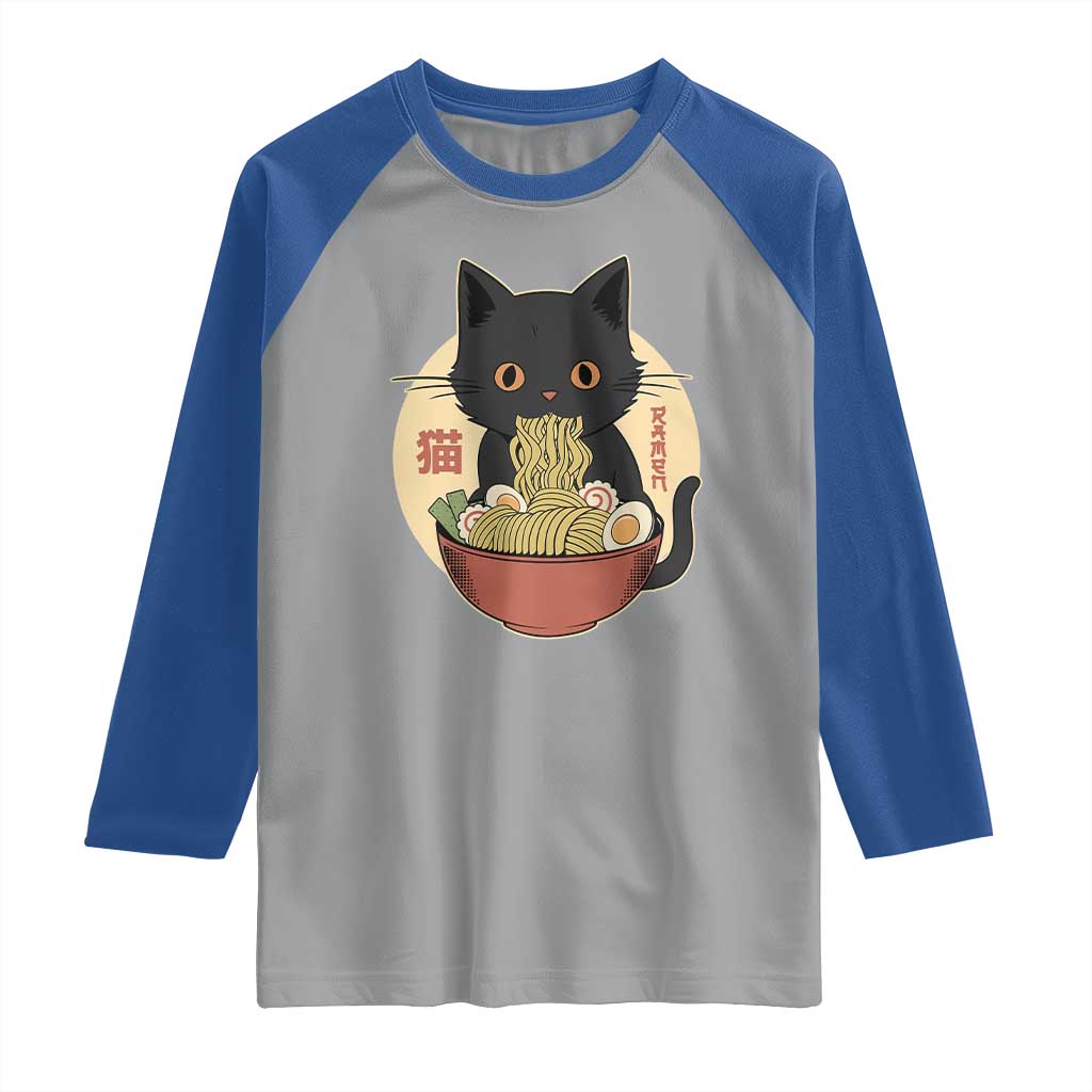 Kawaii Black Cat Eating Ramen Raglan Shirt Funny Graphic Japanese Kawaii Anime Inspo - Wonder Print Shop