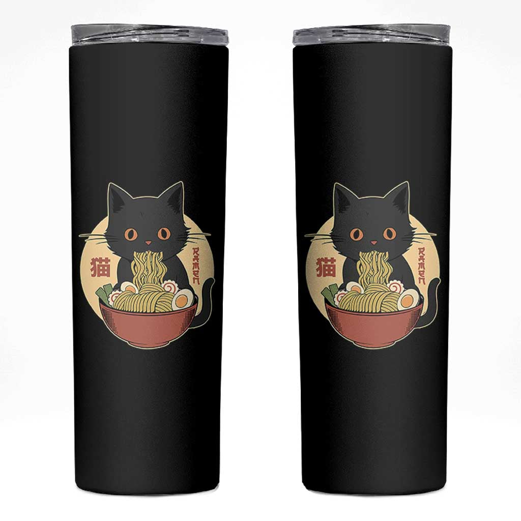 Kawaii Black Cat Eating Ramen Skinny Tumbler Funny Graphic Japanese Kawaii Anime Inspo - Wonder Print Shop