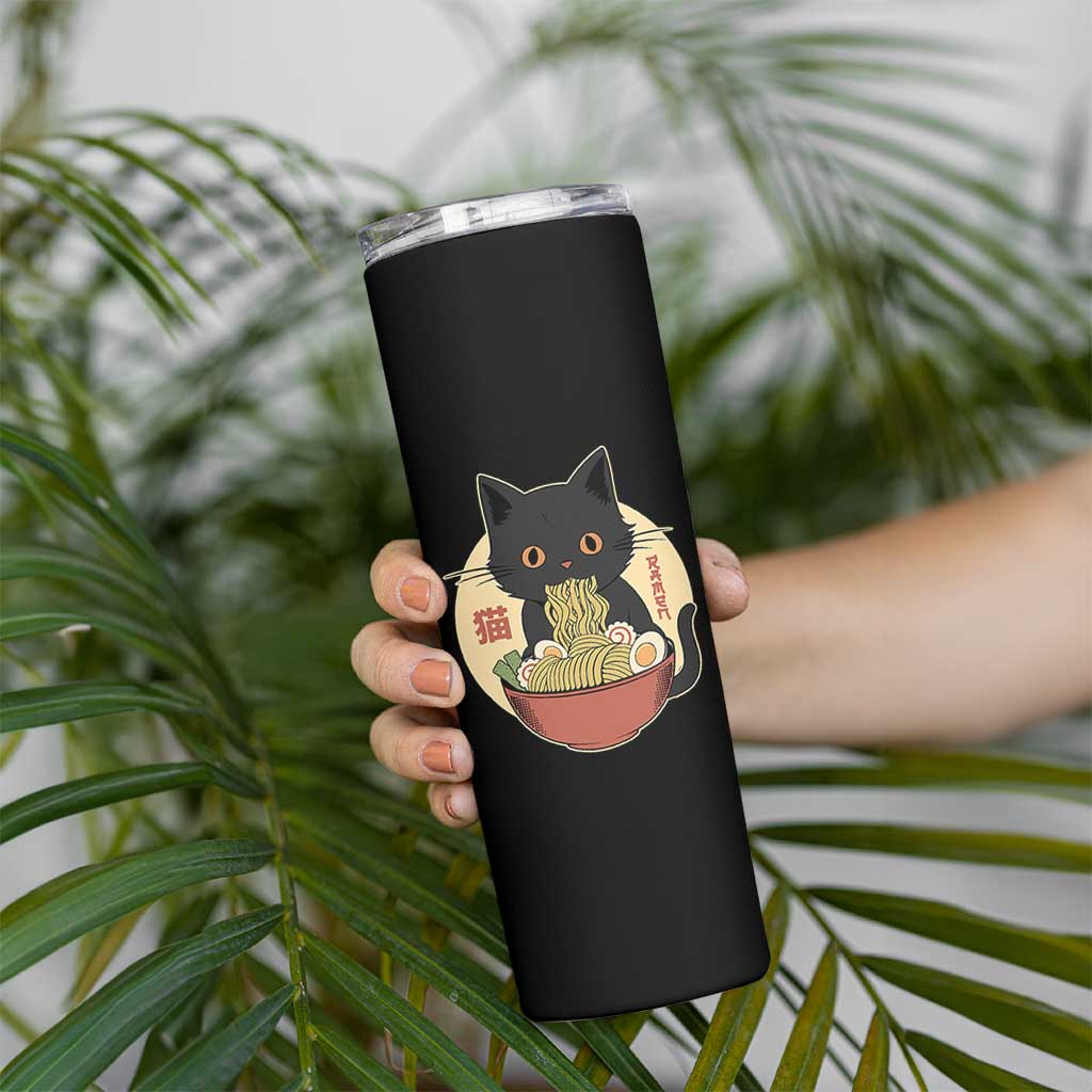 Kawaii Black Cat Eating Ramen Skinny Tumbler Funny Graphic Japanese Kawaii Anime Inspo - Wonder Print Shop