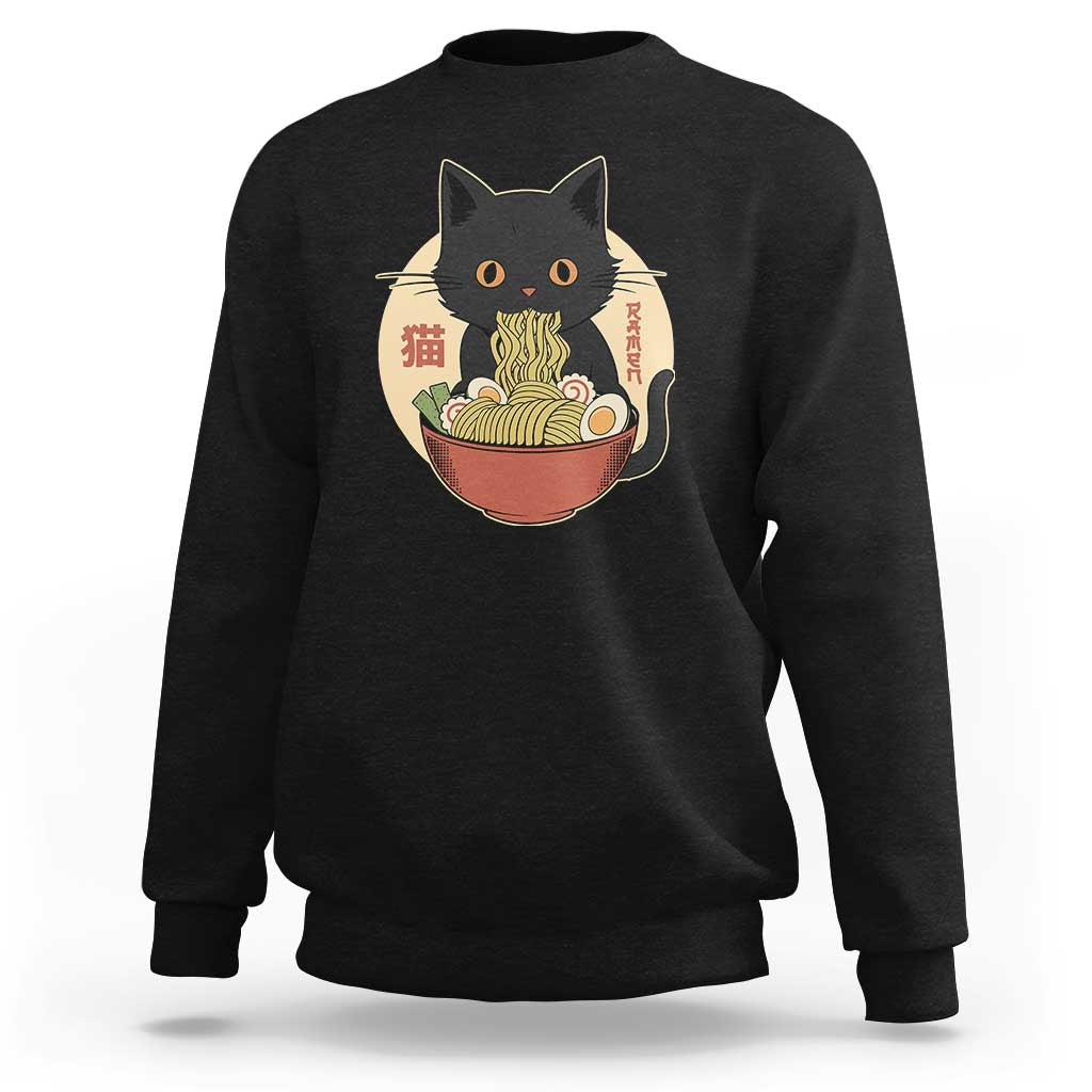 Kawaii Black Cat Eating Ramen Sweatshirt Funny Graphic Japanese Kawaii Anime Inspo - Wonder Print Shop