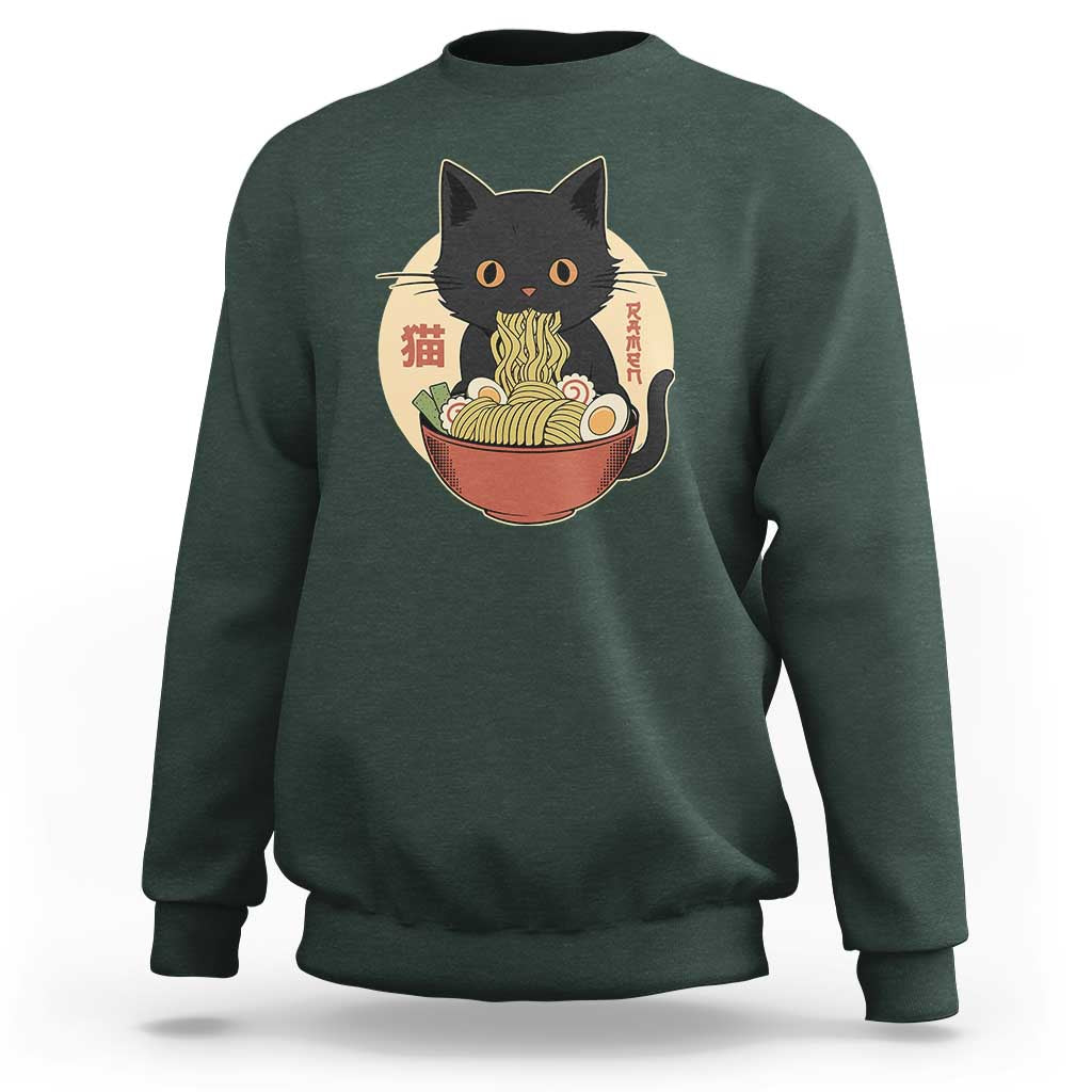 Kawaii Black Cat Eating Ramen Sweatshirt Funny Graphic Japanese Kawaii Anime Inspo - Wonder Print Shop