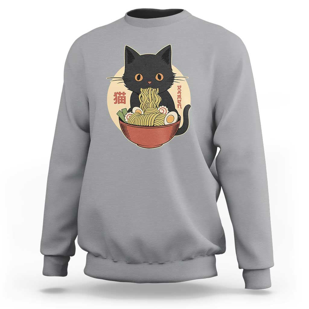 Kawaii Black Cat Eating Ramen Sweatshirt Funny Graphic Japanese Kawaii Anime Inspo - Wonder Print Shop