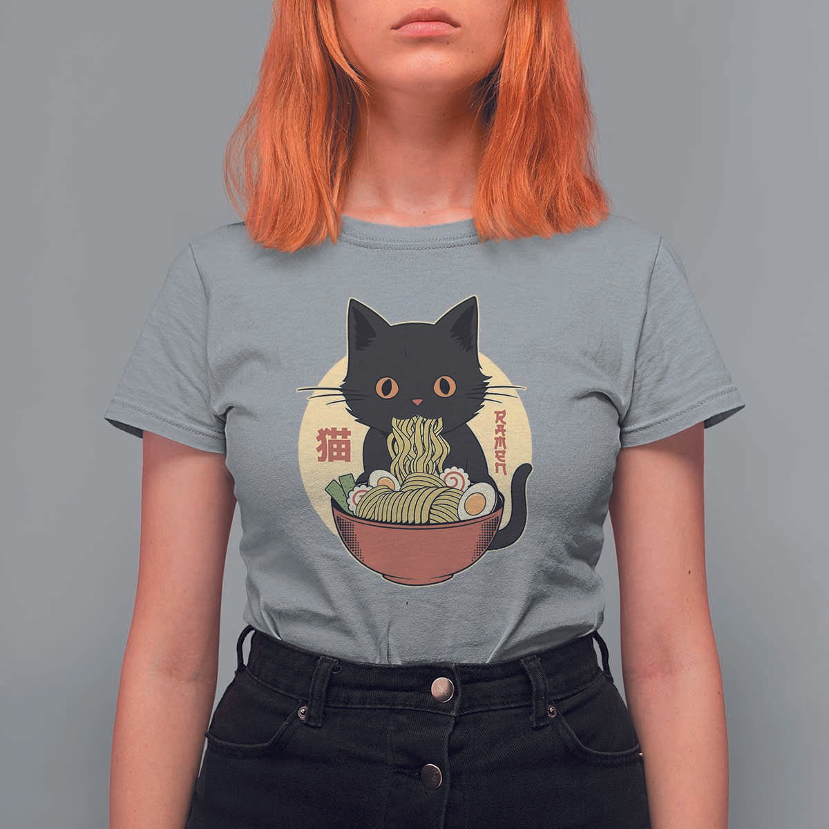 Kawaii Black Cat Eating Ramen T Shirt For Women Funny Graphic Japanese Kawaii Anime Inspo - Wonder Print Shop