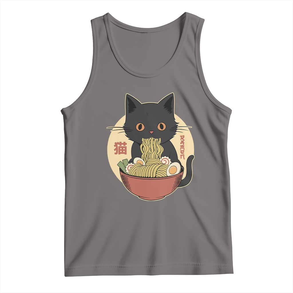 Kawaii Black Cat Eating Ramen Tank Top Funny Graphic Japanese Kawaii Anime Inspo - Wonder Print Shop