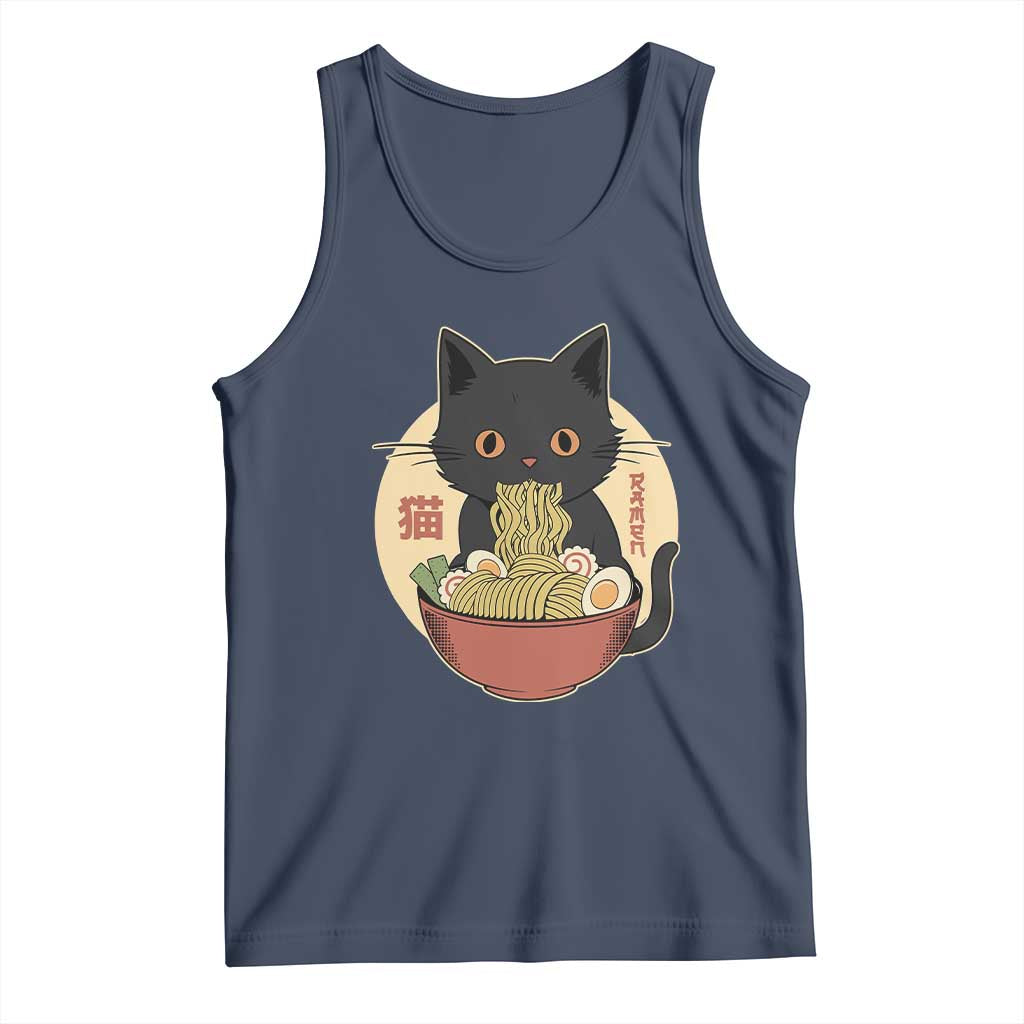 Kawaii Black Cat Eating Ramen Tank Top Funny Graphic Japanese Kawaii Anime Inspo - Wonder Print Shop