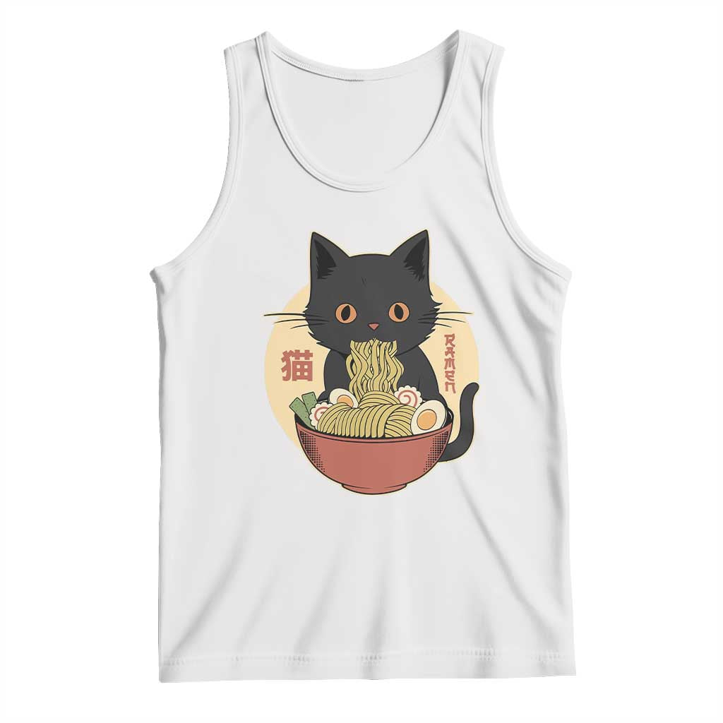 Kawaii Black Cat Eating Ramen Tank Top Funny Graphic Japanese Kawaii Anime Inspo - Wonder Print Shop