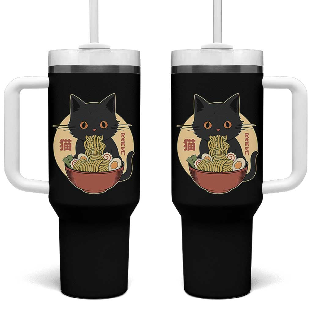 Kawaii Black Cat Eating Ramen Tumbler With Handle Funny Graphic Japanese Kawaii Anime Inspo - Wonder Print Shop