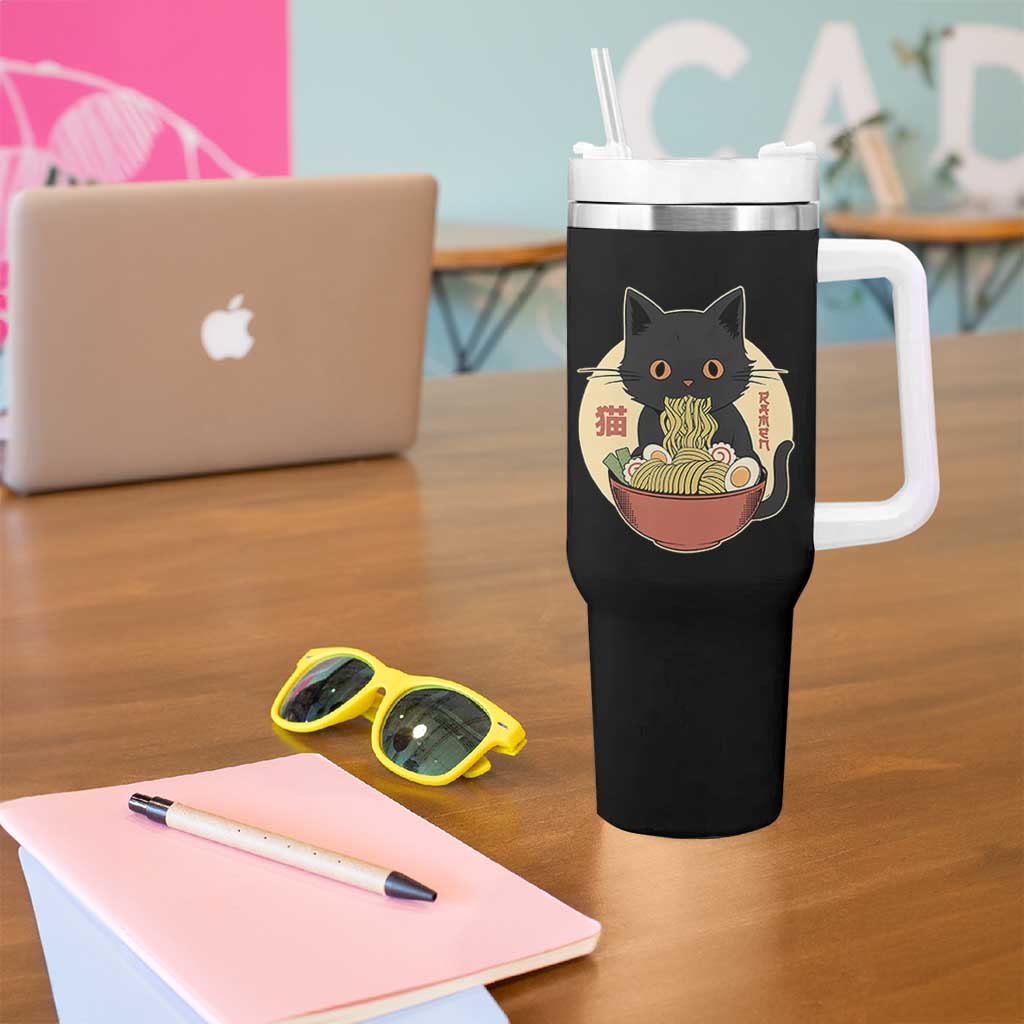 Kawaii Black Cat Eating Ramen Tumbler With Handle Funny Graphic Japanese Kawaii Anime Inspo - Wonder Print Shop
