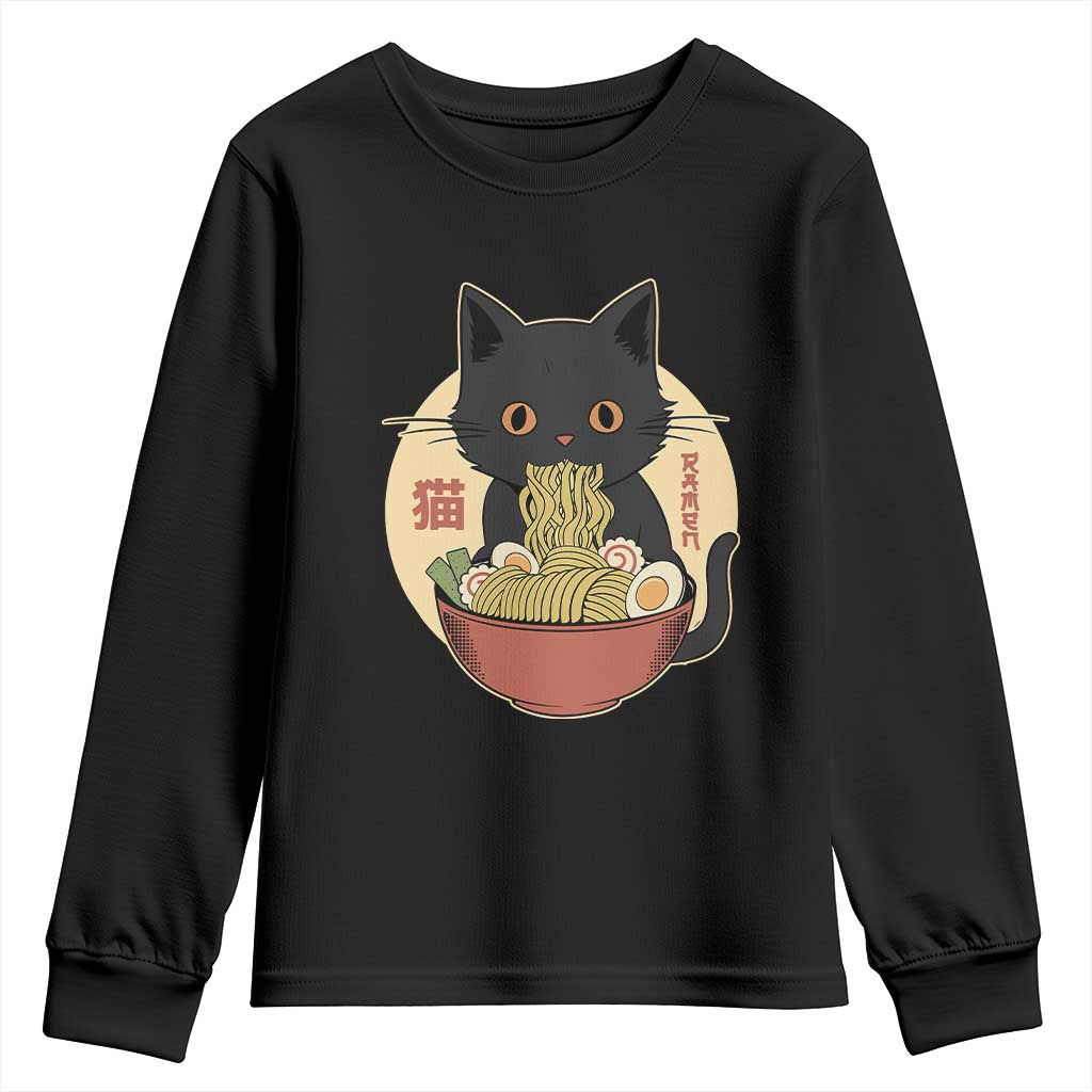 Kawaii Black Cat Eating Ramen Youth Sweatshirt Funny Graphic Japanese Kawaii Anime Inspo - Wonder Print Shop