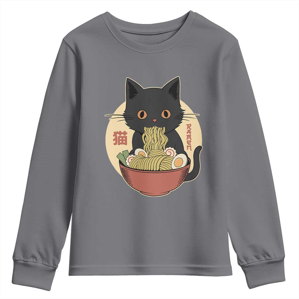 Kawaii Black Cat Eating Ramen Youth Sweatshirt Funny Graphic Japanese Kawaii Anime Inspo - Wonder Print Shop