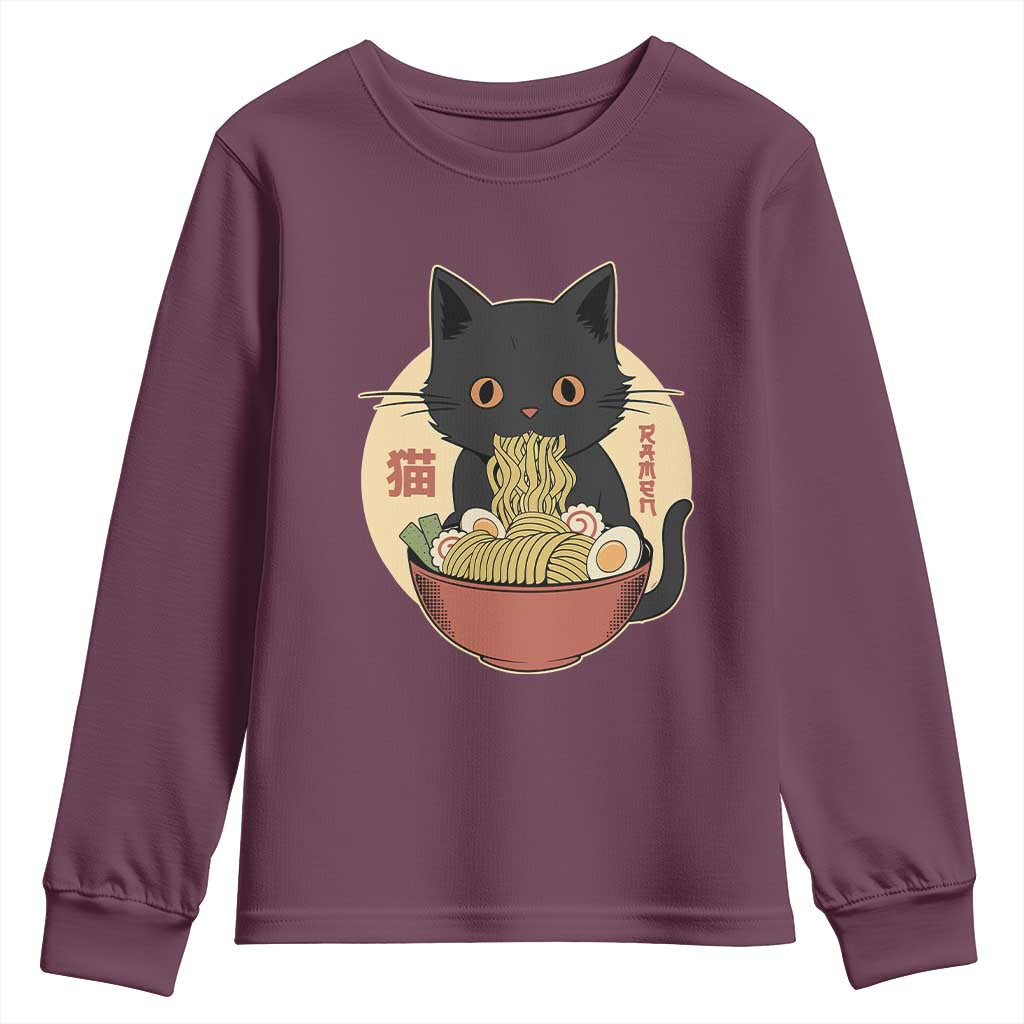 Kawaii Black Cat Eating Ramen Youth Sweatshirt Funny Graphic Japanese Kawaii Anime Inspo - Wonder Print Shop