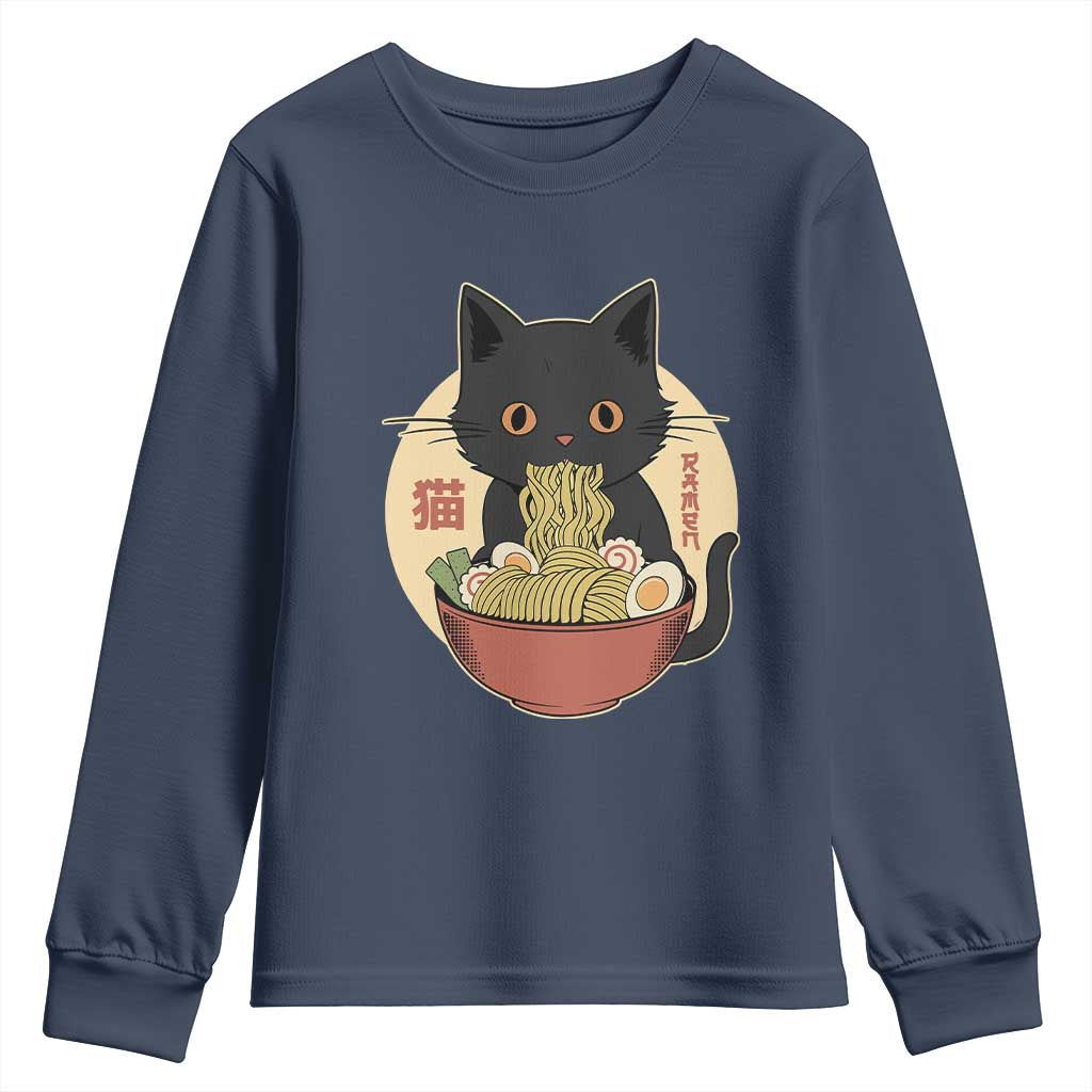 Kawaii Black Cat Eating Ramen Youth Sweatshirt Funny Graphic Japanese Kawaii Anime Inspo - Wonder Print Shop