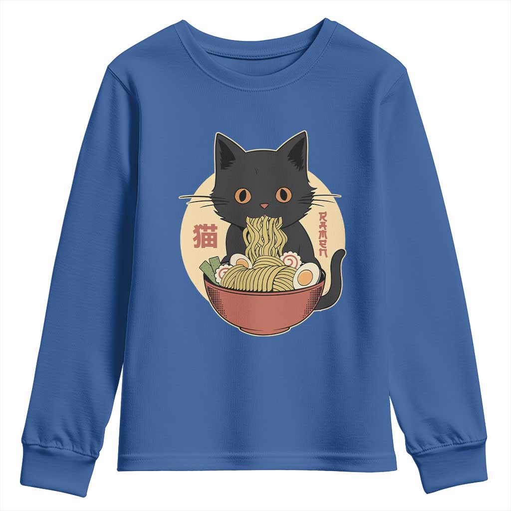 Kawaii Black Cat Eating Ramen Youth Sweatshirt Funny Graphic Japanese Kawaii Anime Inspo - Wonder Print Shop