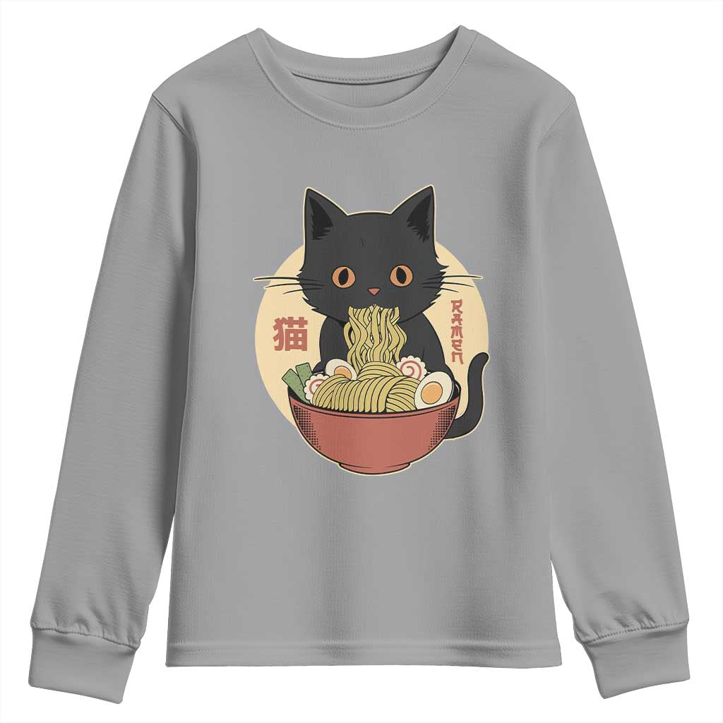 Kawaii Black Cat Eating Ramen Youth Sweatshirt Funny Graphic Japanese Kawaii Anime Inspo - Wonder Print Shop