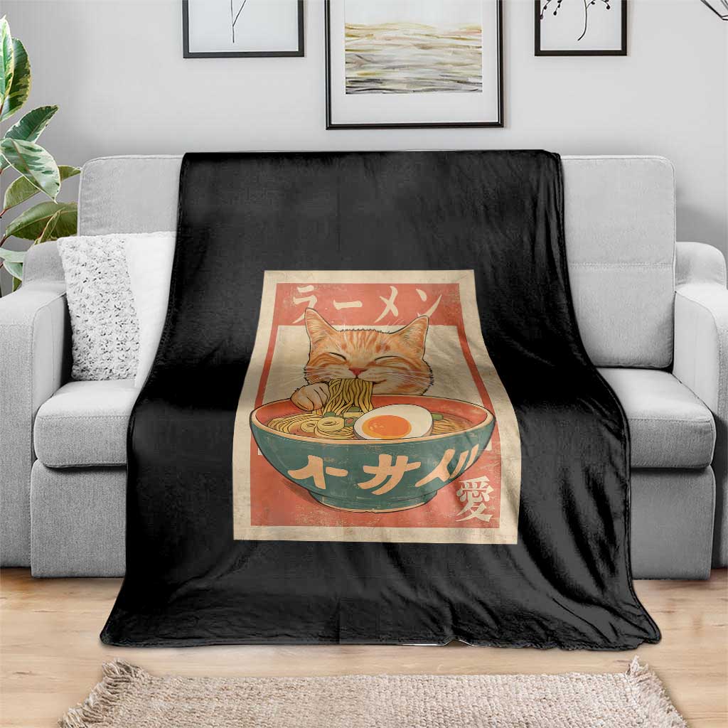 Funny Orange Cat Eating Ramen Throw Blanket Japanese Vintage Graphic Kawaii Anime - Wonder Print Shop
