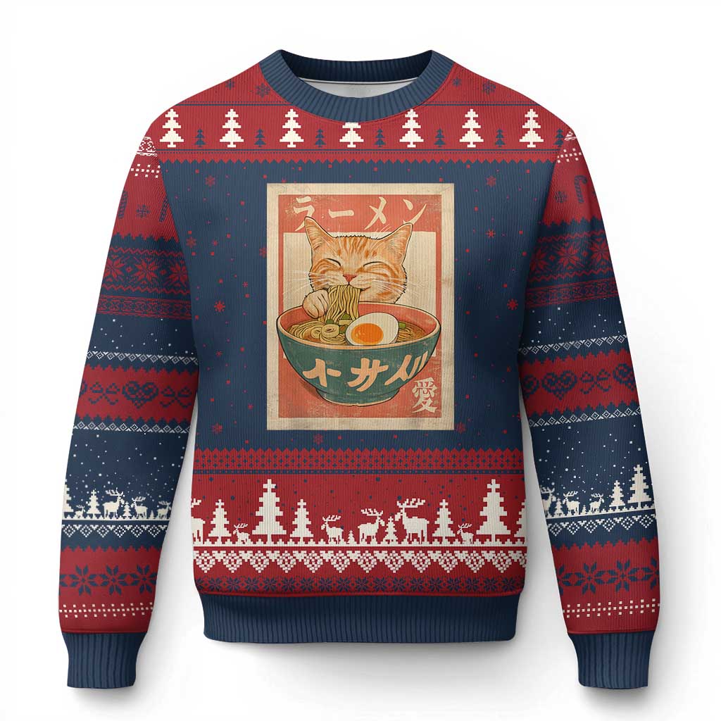 Funny Orange Cat Eating Ramen Ugly Christmas Sweater Japanese Vintage Graphic Kawaii Anime - Wonder Print Shop
